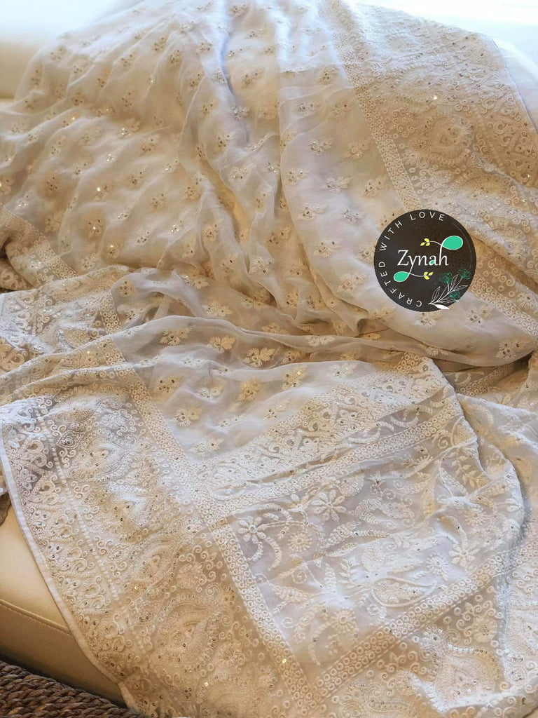 Zynah Pure Georgette Saree with Chikankari & Sequence work; Custom Stitched/Ready-made Blouse, Fall, Petticoat; Shipping available USA, Worldwide