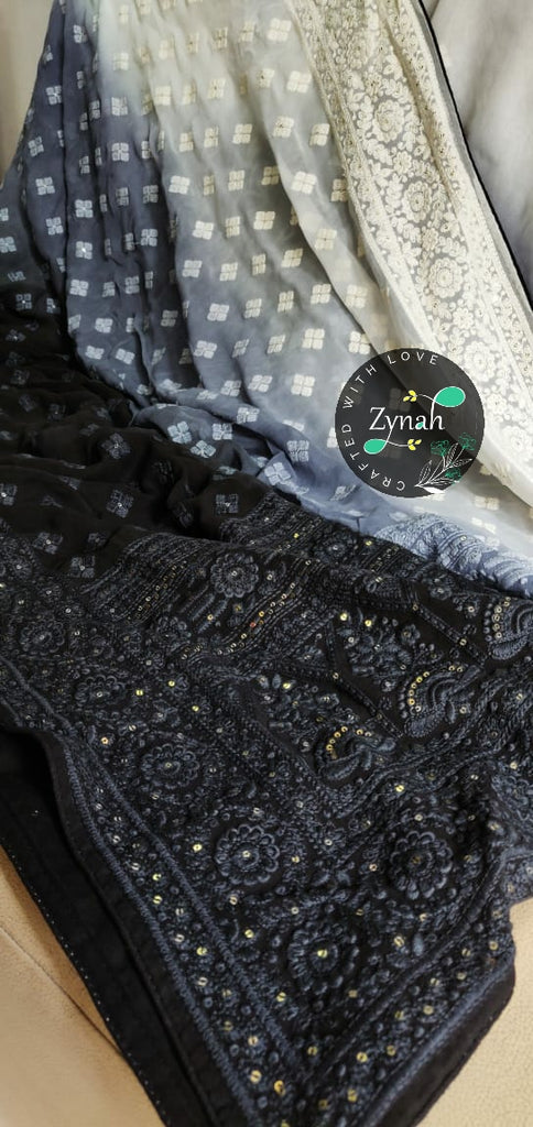 Zynah Pure Georgette Double-shaded Chikankari Saree with Sequence work; Custom Stitched/Ready-made Blouse, Fall, Petticoat; Shipping available USA, Worldwide