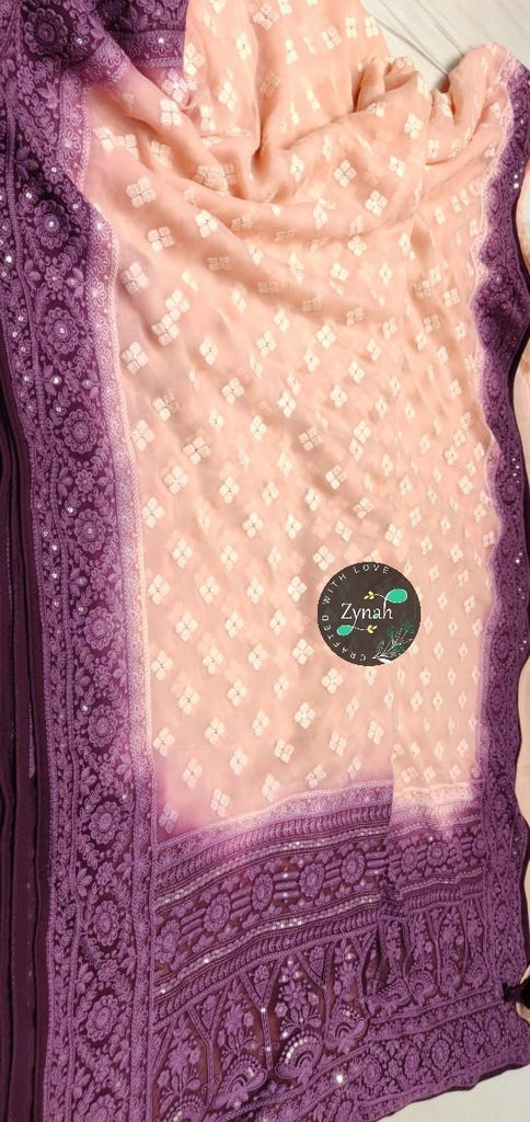 Zynah Pure Georgette Double-shaded Chikankari Saree with Sequence work; Custom Stitched/Ready-made Blouse, Fall, Petticoat; Shipping available USA, Worldwide
