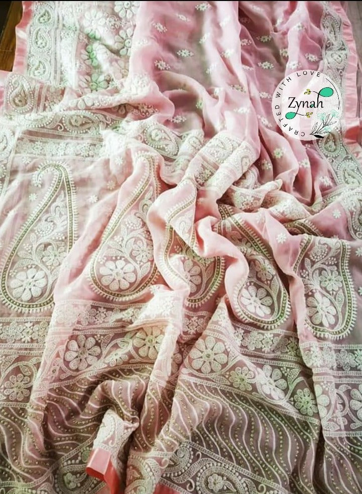 Zynah Pure Georgette Chikankari Saree with Sequence work; Custom Stitched/Ready-made Blouse, Fall, Petticoat; Shipping available USA, Worldwide