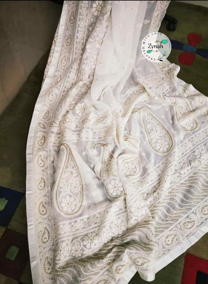 Zynah Pure Georgette Chikankari Saree with Sequence work; Custom Stitched/Ready-made Blouse, Fall, Petticoat; Shipping available USA, Worldwide