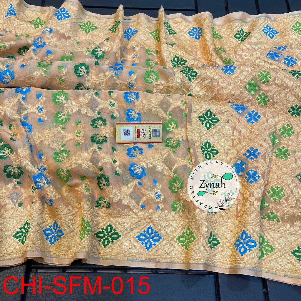 Zynah Pure Khaddi Georgette Meenakari Saree with Golden Zari Weave; Custom Stitched/Ready-made Blouse, Fall, Petticoat; Shipping available USA, Worldwide