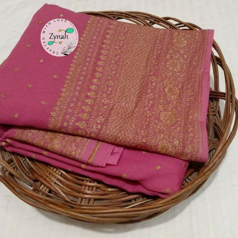 Zynah Pure Khaddi Georgette Saree with Golden Zari Weave; Custom Stitched/Ready-made Blouse, Fall, Petticoat; Shipping available USA, Worldwide