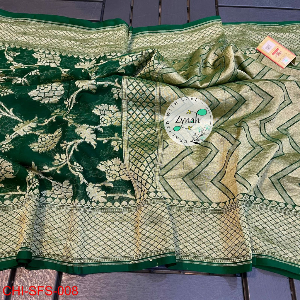 Zynah Pure Khaddi Georgette Saree with Golden Zari Weave; Custom Stitched/Ready-made Blouse, Fall, Petticoat; Shipping available USA, Worldwide