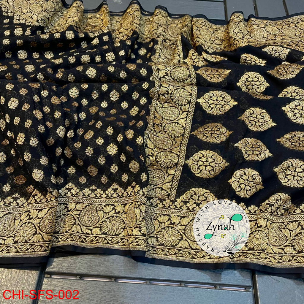 Zynah Pure Khaddi Georgette Saree with Golden Zari Weave; Custom Stitched/Ready-made Blouse, Fall, Petticoat; Shipping available USA, Worldwide