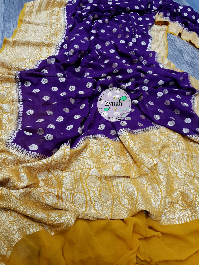 Zynah Pure Khaddi Georgette Saree with Golden Zari Weave; Custom Stitched/Ready-made Blouse, Fall, Petticoat; Shipping available USA, Worldwide