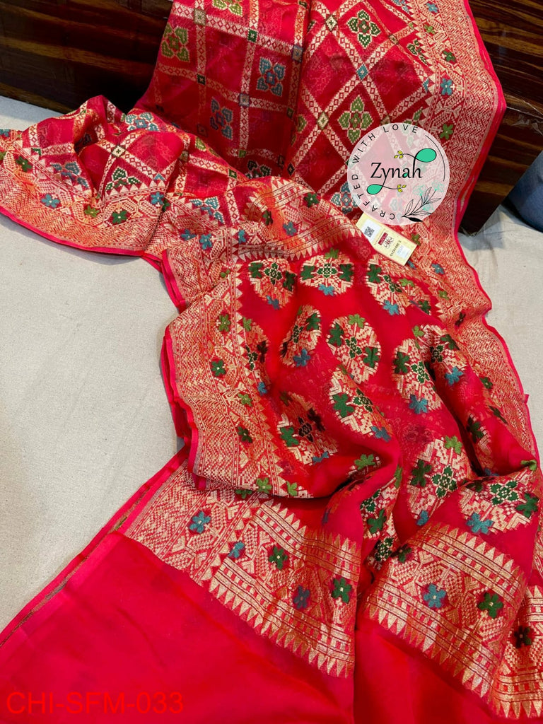 Zynah Pure Khaddi Georgette Meenakari Saree with Golden Zari Weave; Custom Stitched/Ready-made Blouse, Fall, Petticoat; Shipping available USA, Worldwide