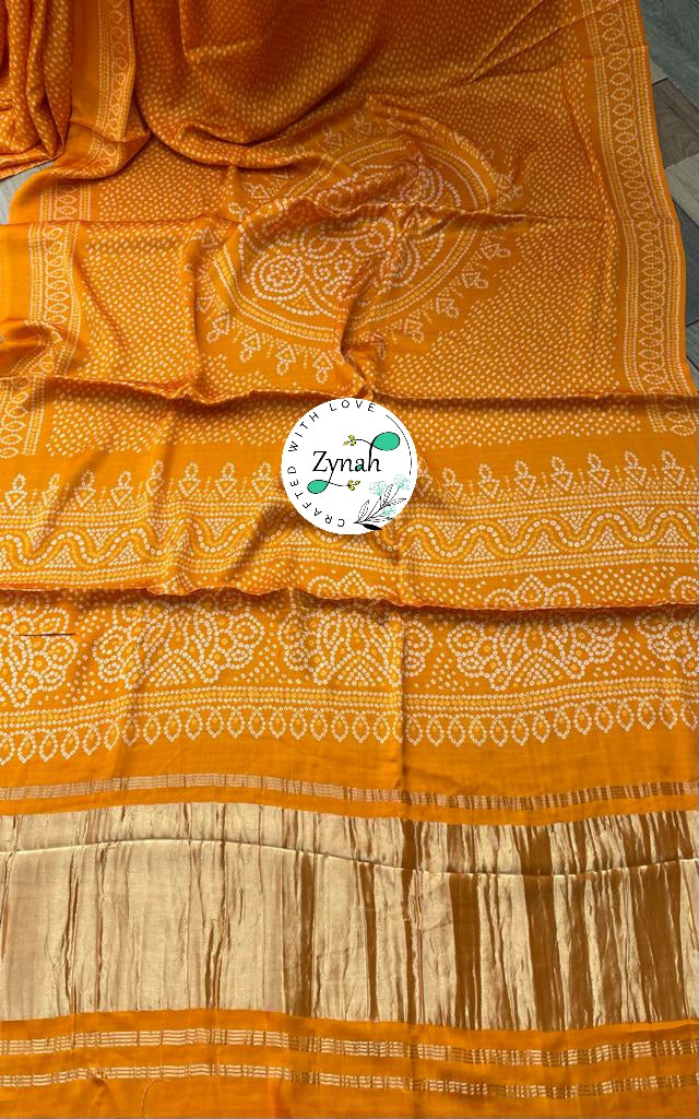 Zynah Pure Gajji Silk Bandhani Saree with Tissue Zari Pallu; Custom Stitched/Ready-made Blouse, Fall, Petticoat; Shipping available USA, Worldwide
