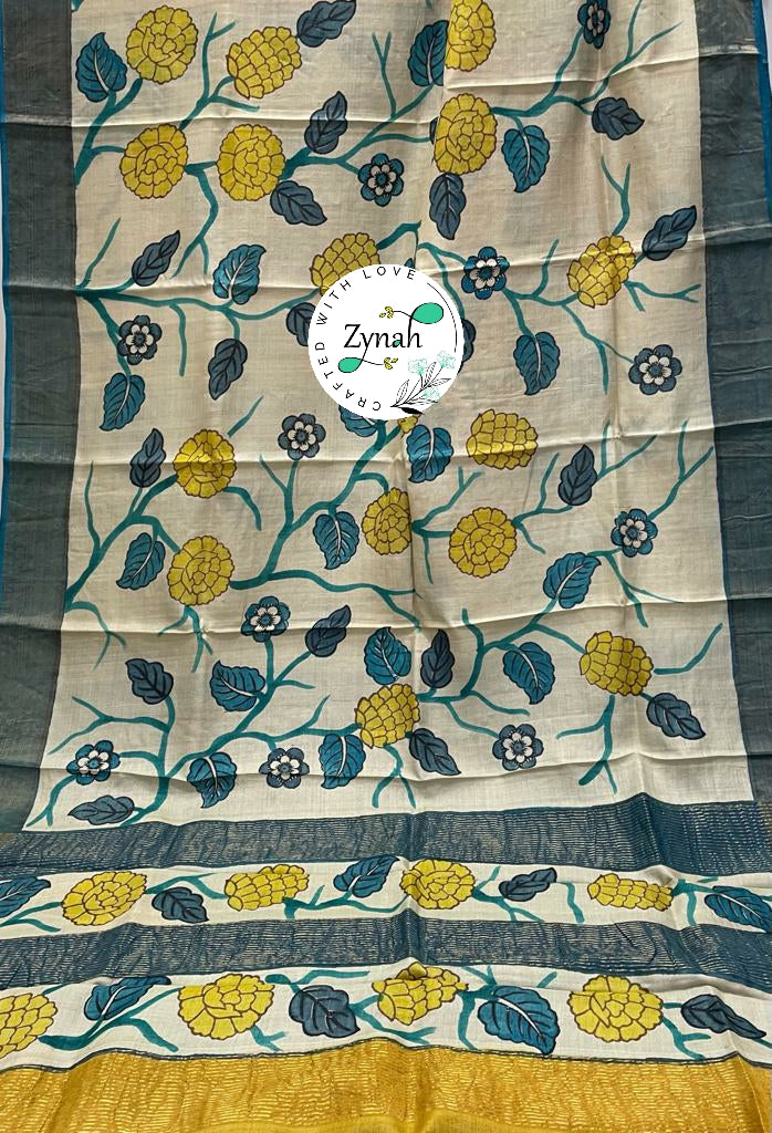 Zynah Pure Tussar Silk Hand-painted Kalamkari Saree; Custom Stitched/Ready-made Blouse, Fall, Petticoat; Shipping available USA, Worldwide