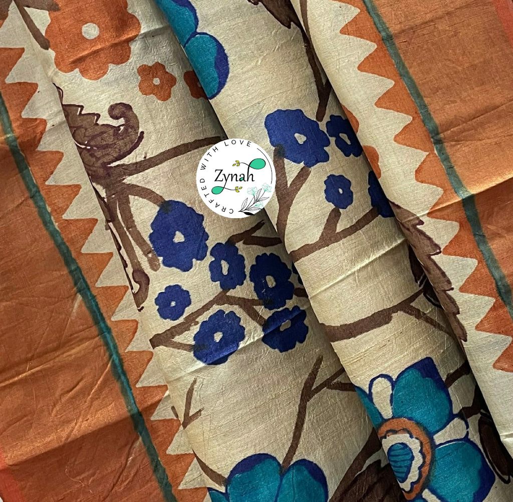 Zynah Pure Tussar Silk Hand-painted Kalamkari Saree; Custom Stitched/Ready-made Blouse, Fall, Petticoat; Shipping available USA, Worldwide