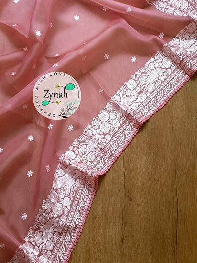 Zynah Pure Organza Silk Saree with Parsi Gara Embroidery & Crochet Lace; Custom Stitched/Ready-made Blouse, Fall, Petticoat; Shipping available USA, Worldwide