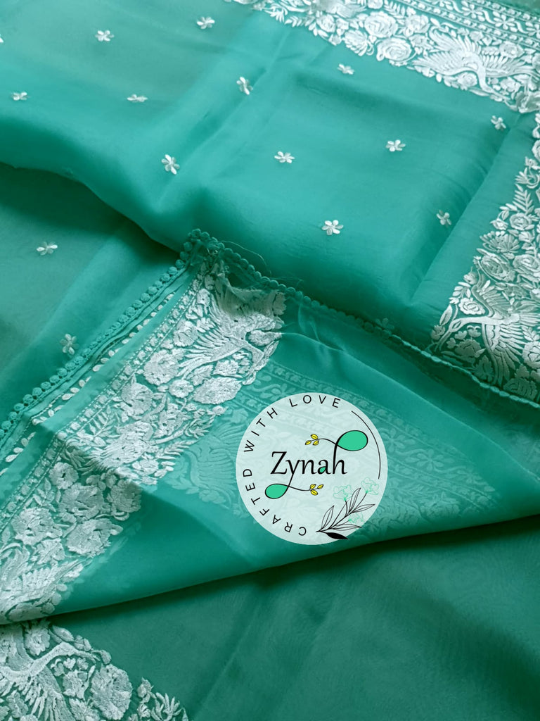 Zynah Pure Organza Silk Saree with Parsi Gara Embroidery & Crochet Lace; Custom Stitched/Ready-made Blouse, Fall, Petticoat; Shipping available USA, Worldwide