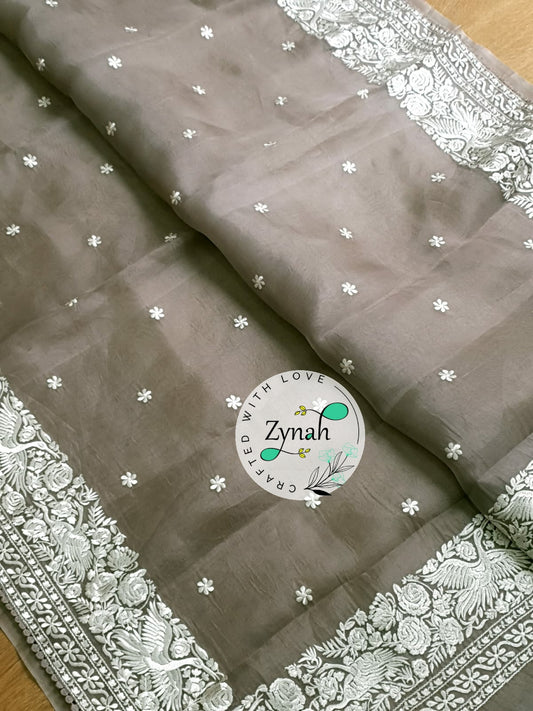 Zynah Pure Organza Silk Saree with Parsi Gara Embroidery & Crochet Lace; Custom Stitched/Ready-made Blouse, Fall, Petticoat; Shipping available USA, Worldwide