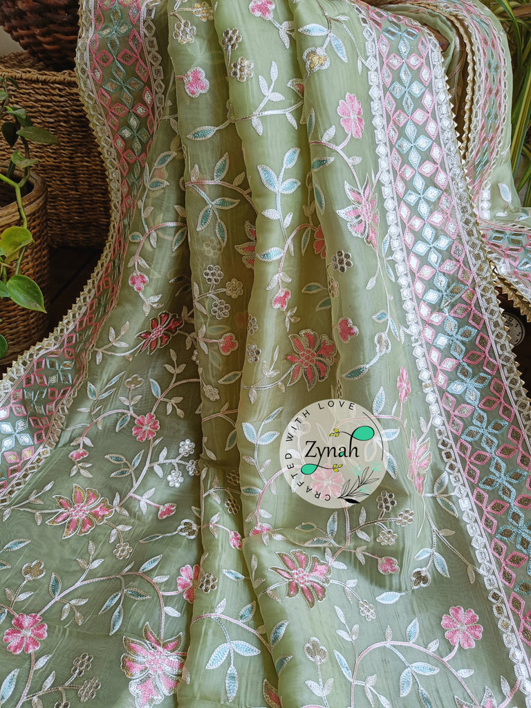 Zynah Pure Organza Silk Saree with Gotapatti Lace, Foil & Thread Embroidery Work; Custom Stitched/Ready-made Blouse, Fall, Petticoat; Shipping available USA, Worldwide
