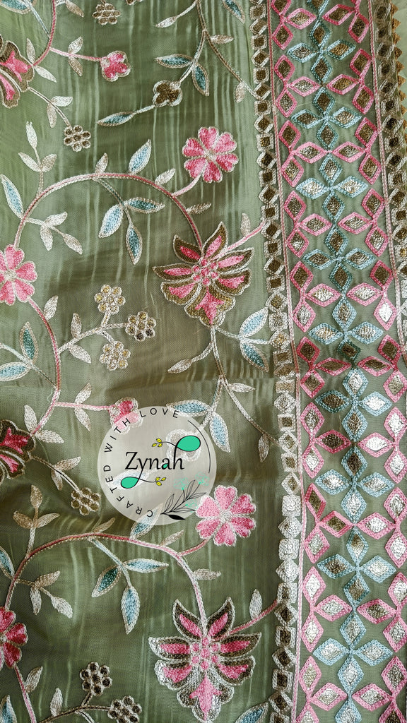 Zynah Pure Organza Silk Saree with Gotapatti Lace, Foil & Thread Embroidery Work; Custom Stitched/Ready-made Blouse, Fall, Petticoat; Shipping available USA, Worldwide