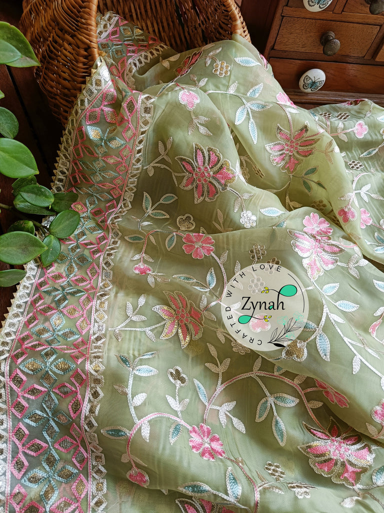 Zynah Pure Organza Silk Saree with Gotapatti Lace, Foil & Thread Embroidery Work; Custom Stitched/Ready-made Blouse, Fall, Petticoat; Shipping available USA, Worldwide