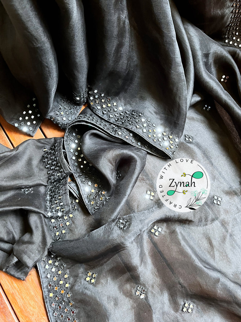 Zynah Pure Organza Silk Saree with Mirror Kutchi Work; Custom Stitched/Ready-made Blouse, Fall, Petticoat; Shipping available USA, Worldwide