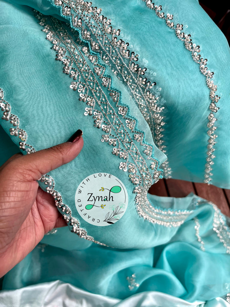 Zynah Light Blue Color Pure Organza Silk Saree with Sequence, Pearls & Cut-dana Work; Custom Stitched/Ready-made Blouse, Fall, Petticoat; Shipping available USA, Worldwide
