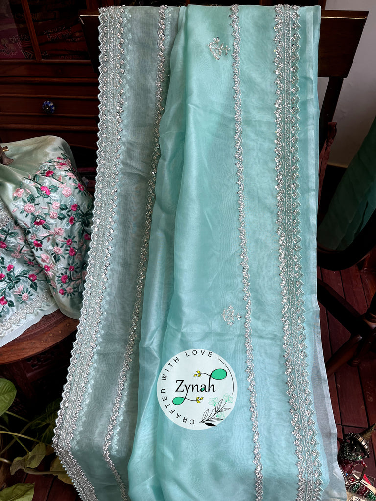 Zynah Sea Green Color Pure Organza Silk Saree with Sequence, Pearls & Cut-dana Work; Custom Stitched/Ready-made Blouse, Fall, Petticoat; Shipping available USA, Worldwide