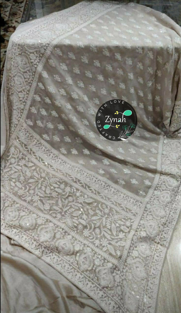 Zynah Pure Georgette Saree with Chikankari & Sequence work; Custom Stitched/Ready-made Blouse, Fall, Petticoat; Shipping available USA, Worldwide