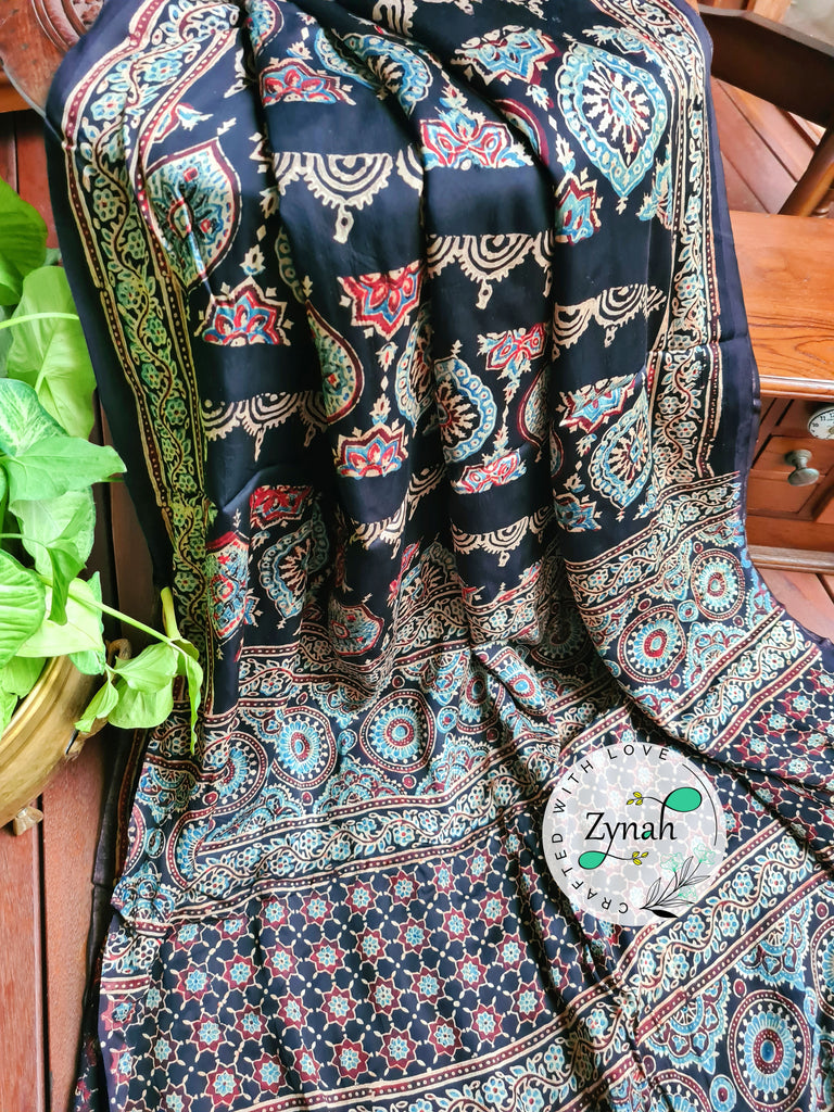 Zynah Black Color Pure Modal Silk Ajrakh Saree with Handblock Prints; Custom Stitched/Ready-made Blouse, Fall, Petticoat; Shipping available USA, Worldwide