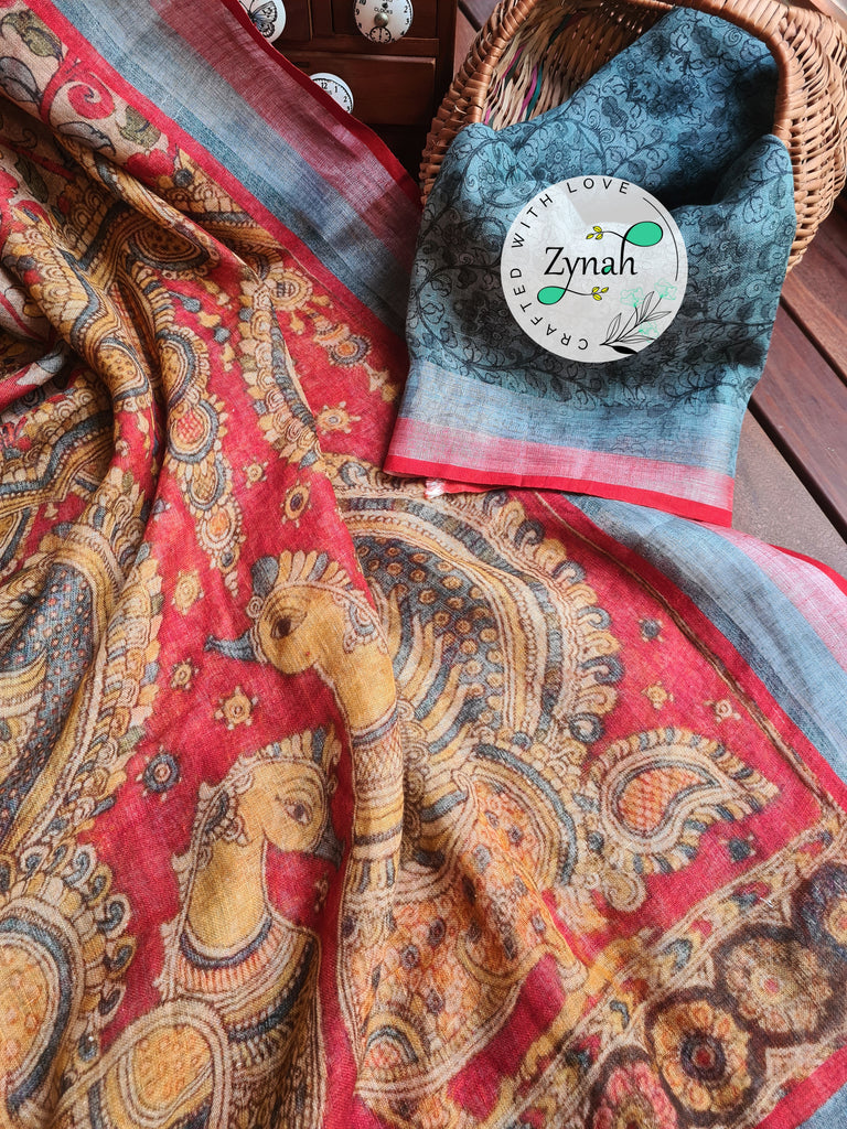 Zynah Beige Color Kalamkari Organic Lab Tested 120 Count pure 'Linen by Linen' Saree; Custom Stitched/Ready-made Blouse, Fall, Petticoat; Shipping available USA, Worldwide