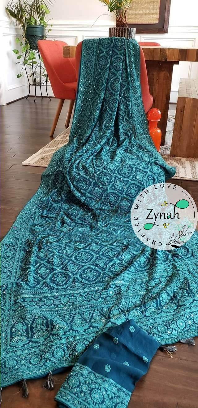 Zynah Pure Georgette Saree with Chikankari & Sequence Work; Custom Stitched/Ready-made Blouse, Fall, Petticoat; Shipping available USA, Worldwide