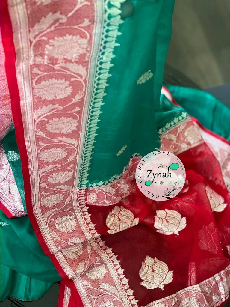 Zynah Pure Banarasi Handloom Khaddi Georgette Saree with Zari Weave; Custom Stitched/Ready-made Blouse, Fall, Petticoat; Shipping available USA, Worldwide
