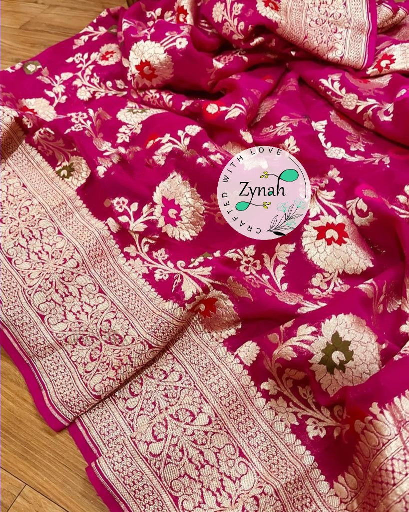 Zynah Pink Color Pure Khaddi Georgette Banarasi Saree with Golden Zari & Meenakari Weaved Motifs; Custom Stitched/Ready-made Blouse, Fall, Petticoat; Shipping available USA, Worldwide