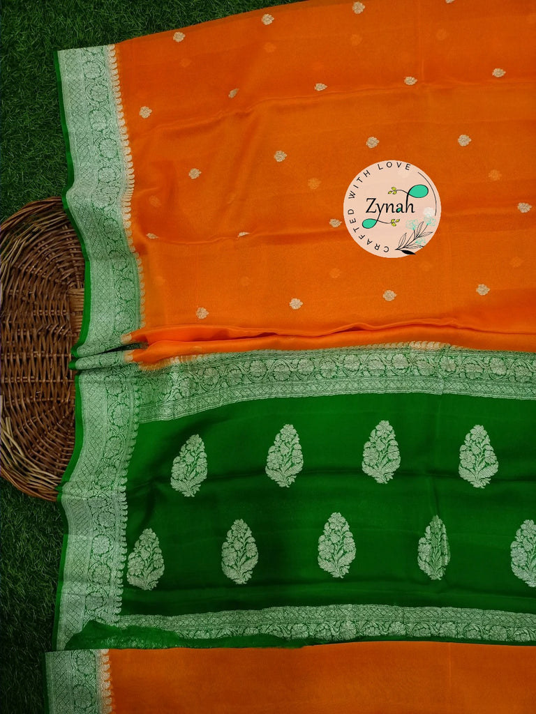Zynah Pure Banarasi Handloom Khaddi Georgette Saree with Zari Weave; Custom Stitched/Ready-made Blouse, Fall, Petticoat; Shipping available USA, Worldwide