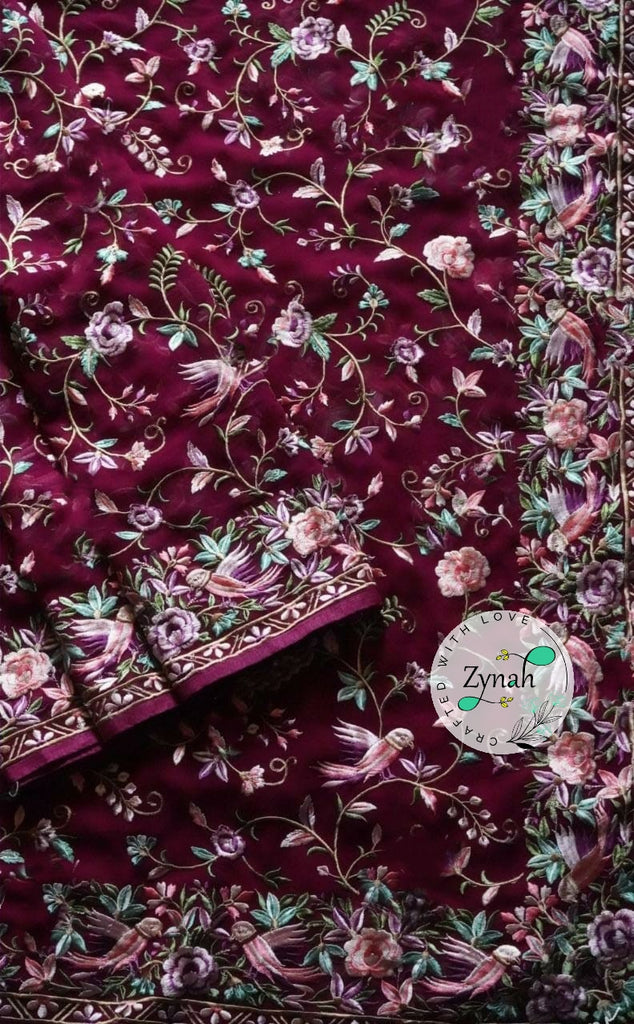 Zynah Pure Georgette Saree with Parsi Gara Inspired Embroidery; Custom Stitched/Ready-made Blouse, Fall, Petticoat; Shipping available USA, Worldwide
