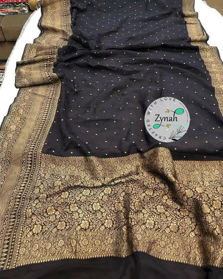 Zynah Pure Khaddi Georgette Saree with Golden Zari Weave; Custom Stitched/Ready-made Blouse, Fall, Petticoat; Shipping available USA, Worldwide