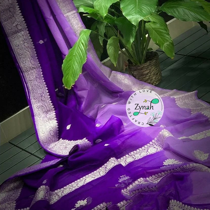 Zynah Pure Banarasi Handloom Khaddi Georgette Double-shaded Saree with Zari Weave; Custom Stitched/Ready-made Blouse, Fall, Petticoat; Shipping available USA, Worldwide