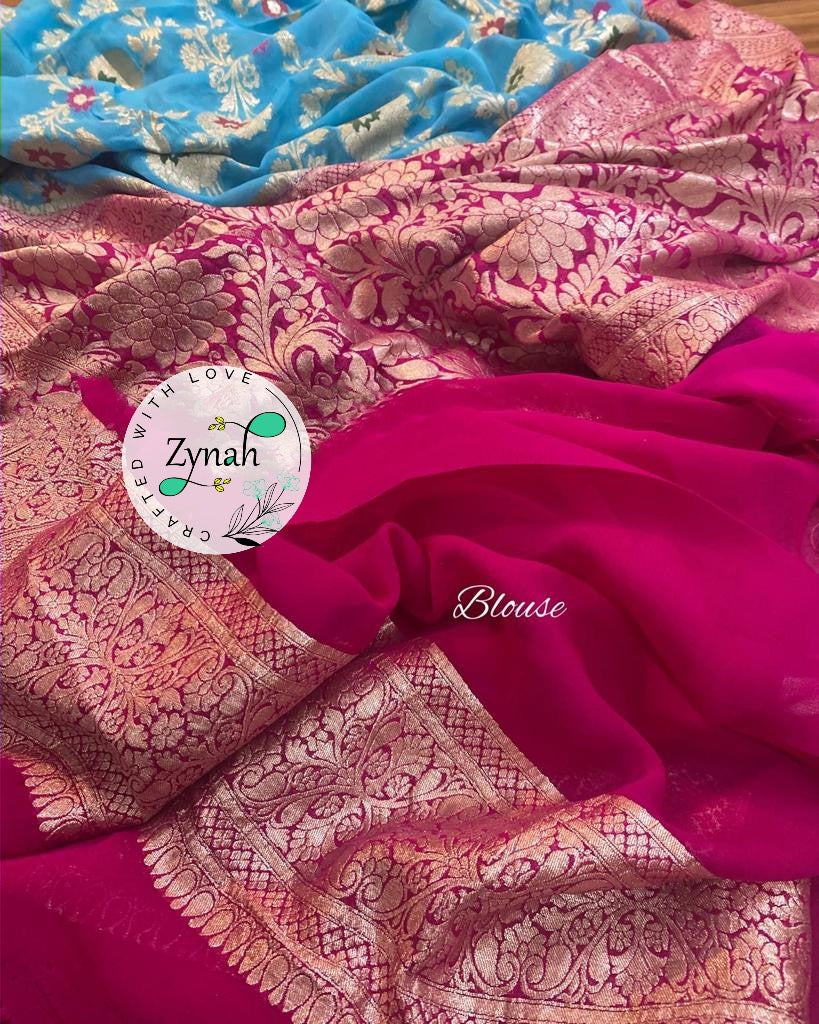 Zynah Blue Color Pure Khaddi Georgette Banarasi Saree with Golden Zari & Meenakari Weaved Motifs; Custom Stitched/Ready-made Blouse, Fall, Petticoat; Shipping available USA, Worldwide