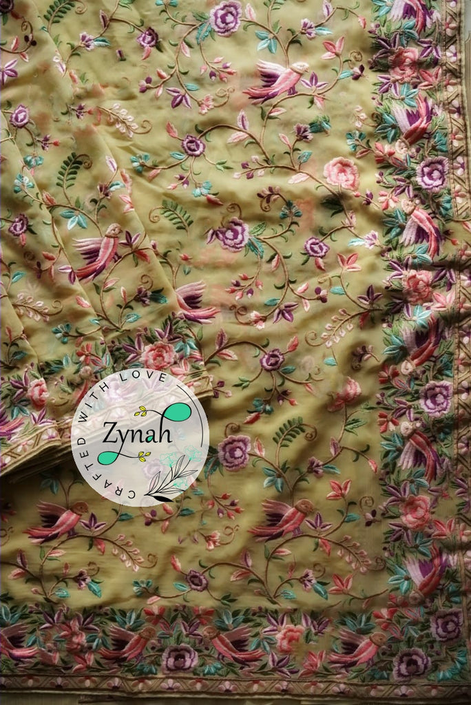 Zynah Pure Georgette Saree with Parsi Gara Inspired Embroidery; Custom Stitched/Ready-made Blouse, Fall, Petticoat; Shipping available USA, Worldwide