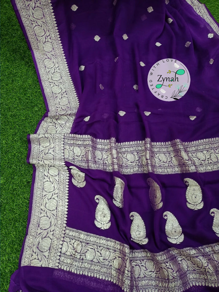 Zynah Pure Banarasi Handloom Khaddi Georgette Saree with Zari Border & Butis; Custom Stitched/Ready-made Blouse, Fall, Petticoat; Shipping available USA, Worldwide