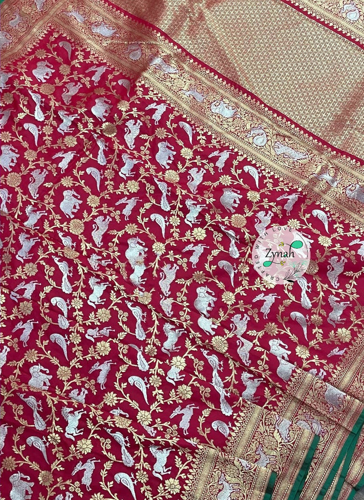 Zynah Pure Banarasi Soft Silk Saree with Shikargah Design; Custom Stitched/Ready-made Blouse, Fall, Petticoat; Shipping available USA, Worldwide