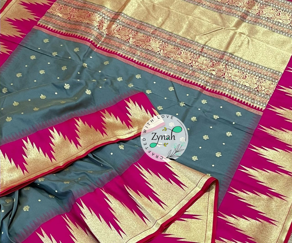 Zynah Pure Banarasi Soft Silk Saree with Temple Design Border; Custom Stitched/Ready-made Blouse, Fall, Petticoat; Shipping available USA, Worldwide