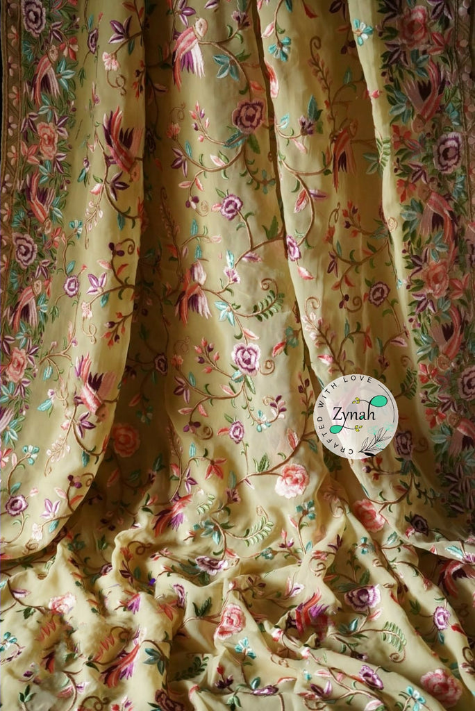 Zynah Pure Georgette Saree with Parsi Gara Inspired Embroidery; Custom Stitched/Ready-made Blouse, Fall, Petticoat; Shipping available USA, Worldwide