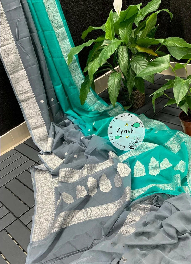 Zynah Pure Banarasi Handloom Khaddi Georgette Double-shaded Saree with Zari Weave; Custom Stitched/Ready-made Blouse, Fall, Petticoat; Shipping available USA, Worldwide