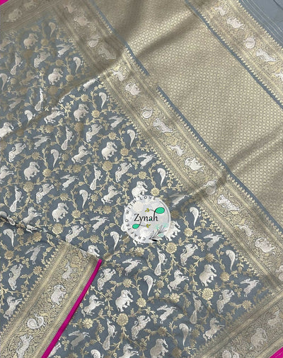 Zynah Pure Banarasi Soft Silk Saree with Shikargah Design; Custom Stitched/Ready-made Blouse, Fall, Petticoat; Shipping available USA, Worldwide