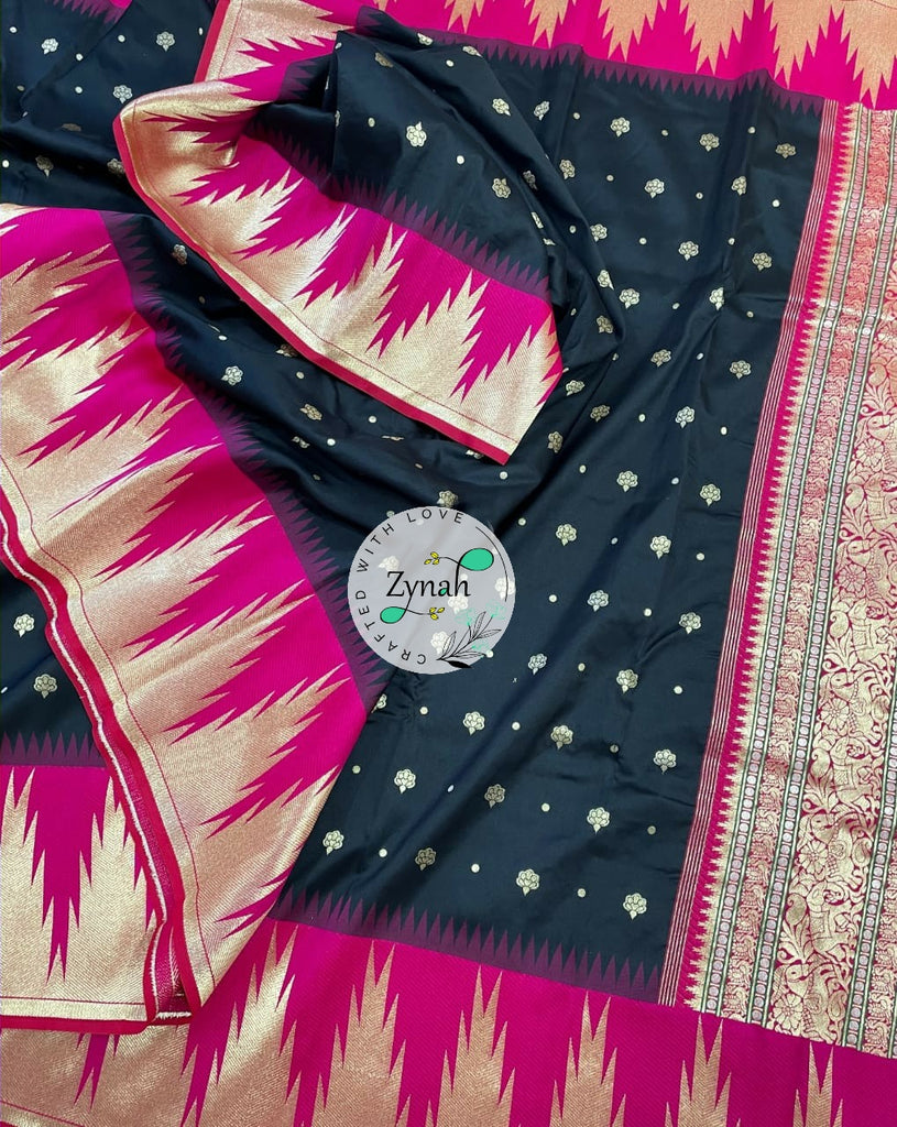 Zynah Pure Banarasi Soft Silk Saree with Temple Design Border; Custom Stitched/Ready-made Blouse, Fall, Petticoat; Shipping available USA, Worldwide