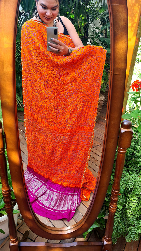 Zynah Pure Gajji Silk Designer Bandhani Saree with Tissue Zari Pallu; Custom Stitched/Ready-made Blouse, Fall, Petticoat; Shipping available USA, Worldwide