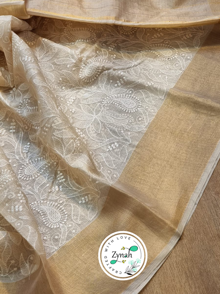 Zynah Off-White Color Pure Tussar Kota Silk Saree with Heavy Chikankari Embroidery With Double Ghiccha Pallu and Heavy Tassels; Custom Stitched/Ready-made Blouse, Fall, Petticoat; Shipping available USA, Worldwide