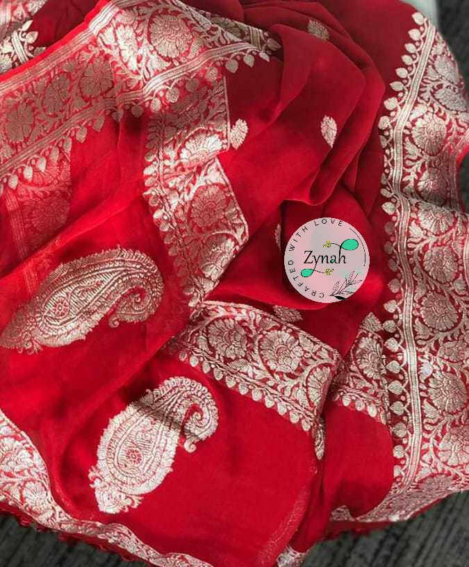 Zynah Pure Banarasi Handloom Khaddi Georgette Saree with Zari Border & Butis; Custom Stitched/Ready-made Blouse, Fall, Petticoat; Shipping available USA, Worldwide