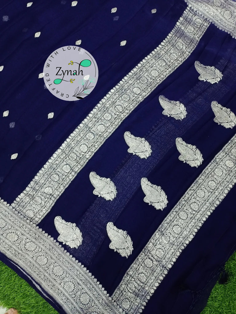 Zynah Pure Banarasi Handloom Khaddi Georgette Saree with Zari Border & Butis; Custom Stitched/Ready-made Blouse, Fall, Petticoat; Shipping available USA, Worldwide