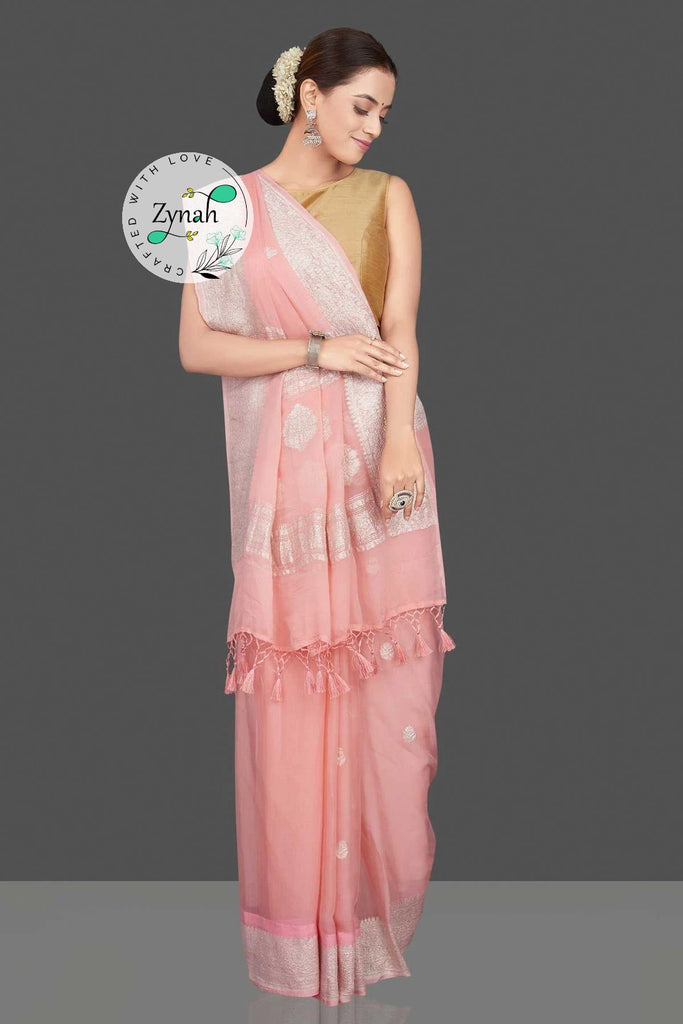 Zynah Pure Banarasi Handloom Khaddi Georgette Saree with Zari Border & Butis; Custom Stitched/Ready-made Blouse, Fall, Petticoat; Shipping available USA, Worldwide