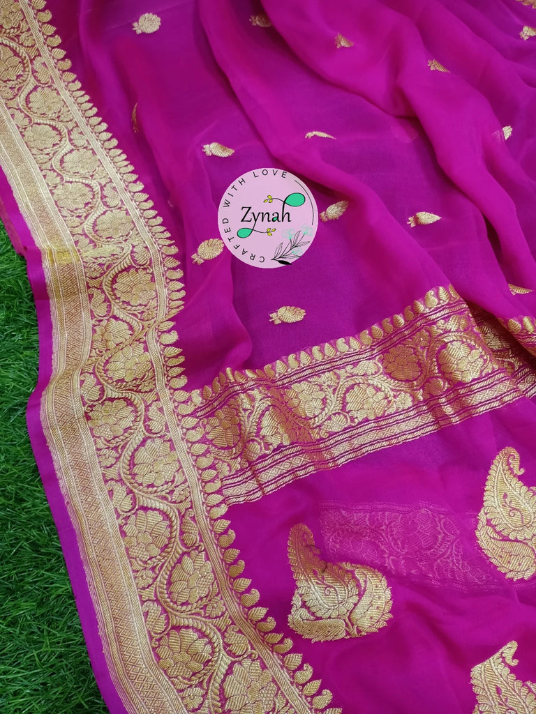 Zynah Pure Banarasi Handloom Khaddi Georgette Saree with Zari Border & Butis; Custom Stitched/Ready-made Blouse, Fall, Petticoat; Shipping available USA, Worldwide