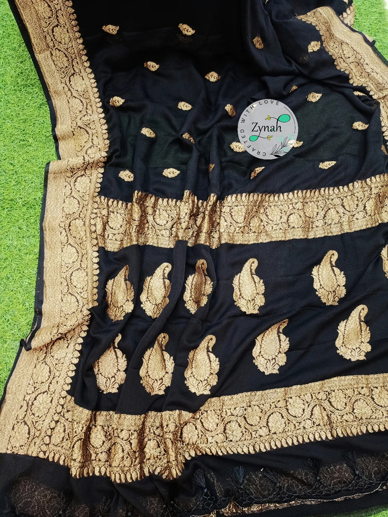 Zynah Pure Banarasi Handloom Khaddi Georgette Saree with Zari Border & Butis; Custom Stitched/Ready-made Blouse, Fall, Petticoat; Shipping available USA, Worldwide