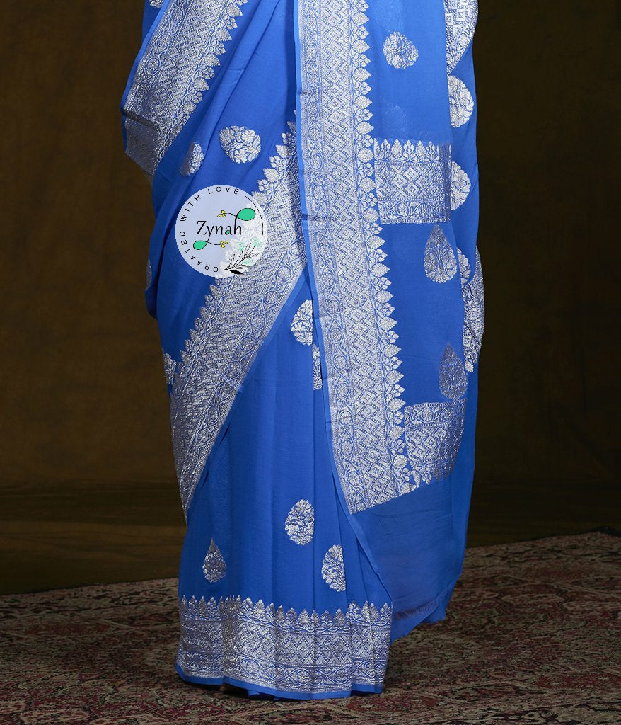 Zynah Pure Banarasi Handloom Khaddi Georgette Saree with Zari Border & Butis; Custom Stitched/Ready-made Blouse, Fall, Petticoat; Shipping available USA, Worldwide